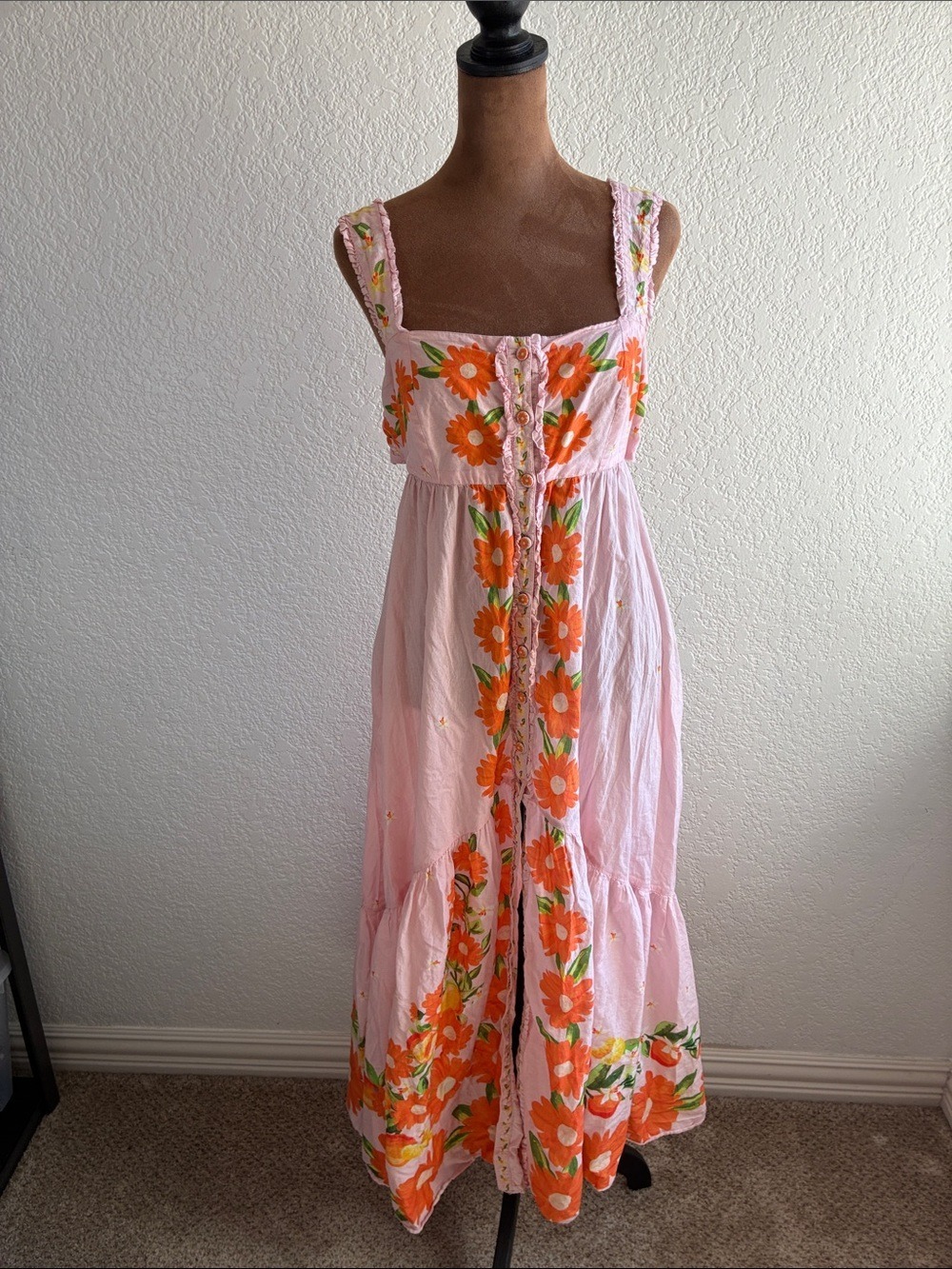 Farm Rio Papaya Salad Maxi Dress Pink Floral Button Front Back Bow M - Picture 4 of 12